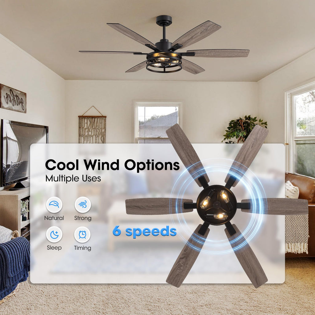 60 Inch Ceiling Fans with Lights and Remote Control, Farmhouse Ceiling Fan Living Room and Patio, Black Caged Ceiling