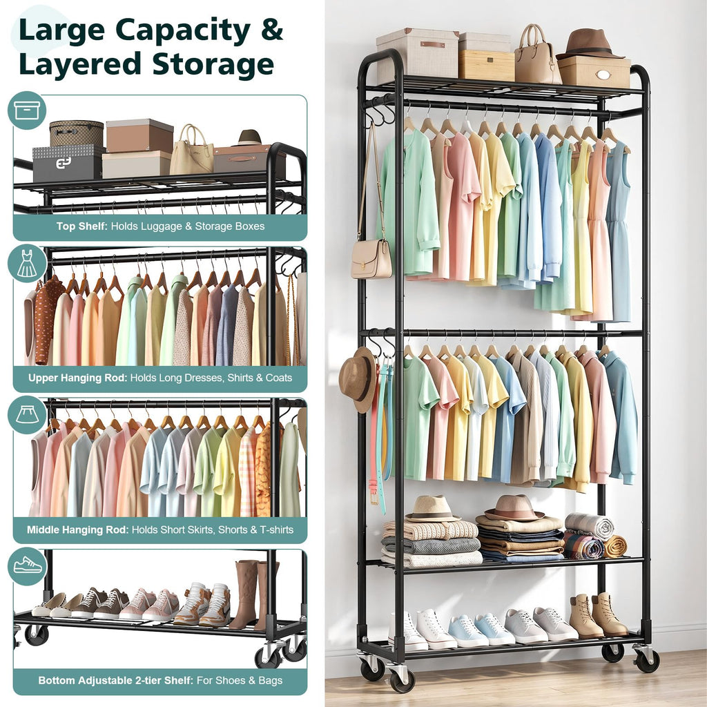 Clothes Rack 3-Tier Portable Freestanding Closet with Shelves