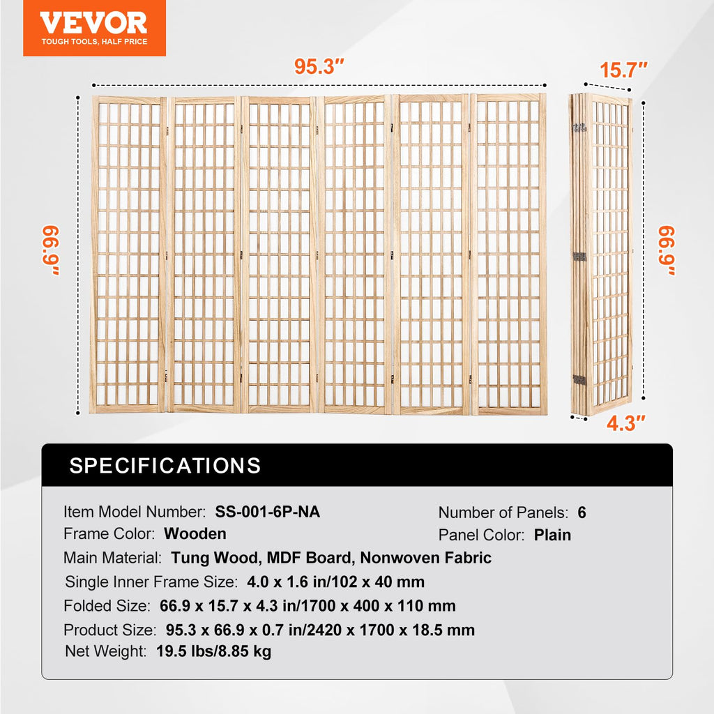 Room Divider, 6 Panel Japanese Room Divider, Wood Folding Privacy Screen Indoor, Partition Dividers Portable