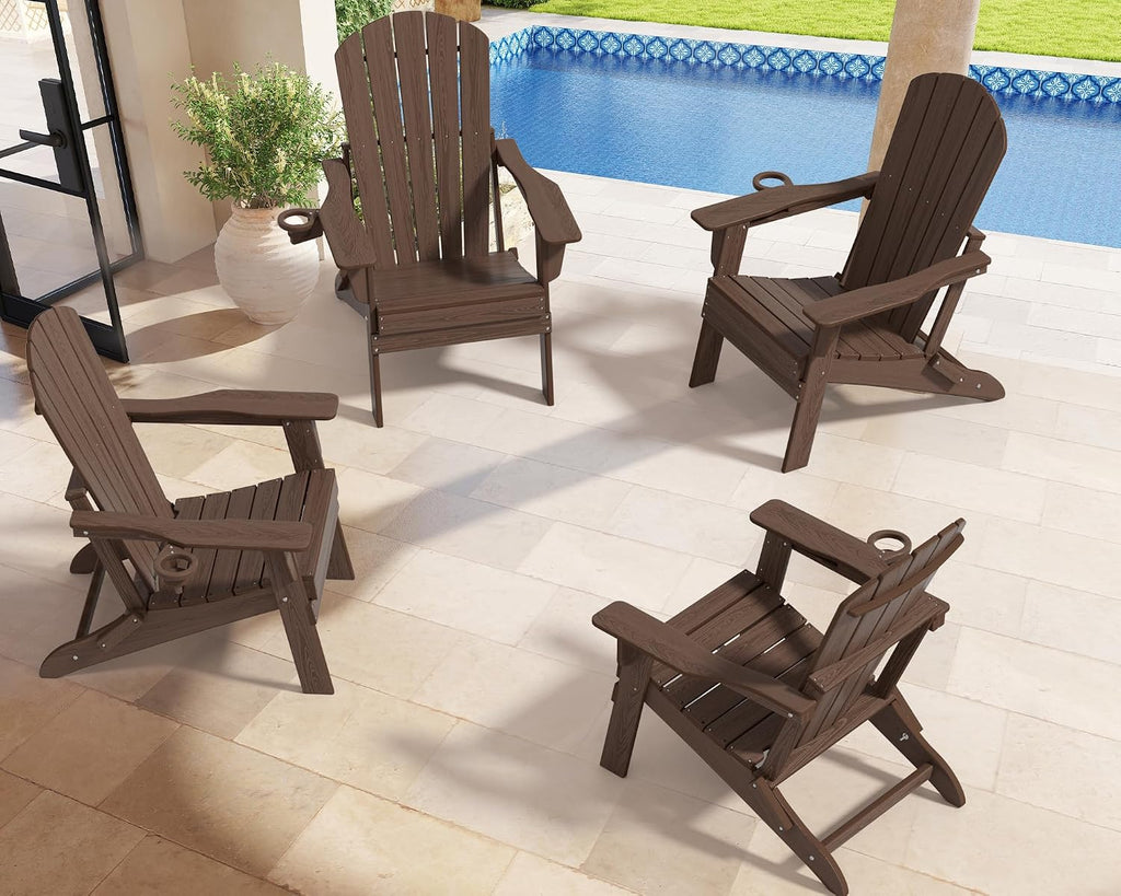 HDPE Folding Adirondack Chair with Cup Holder, Coffee | All-Weather Upgraded, Premium Wood Grain Texture,380lbs