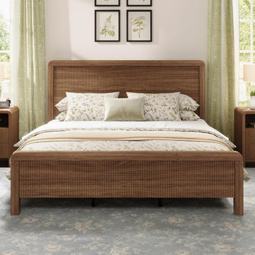 Wood Full Bed Frame with Headboard & Footboard, Modern Fluted Wooden Platform Bedframe with Rounded Safety Edges