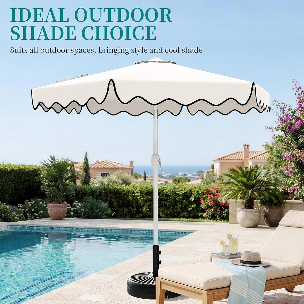 Patio Umbrella with Wavy Trim, UV-Fade-Resistant Canopy, Crank & Tilt - White 9ft