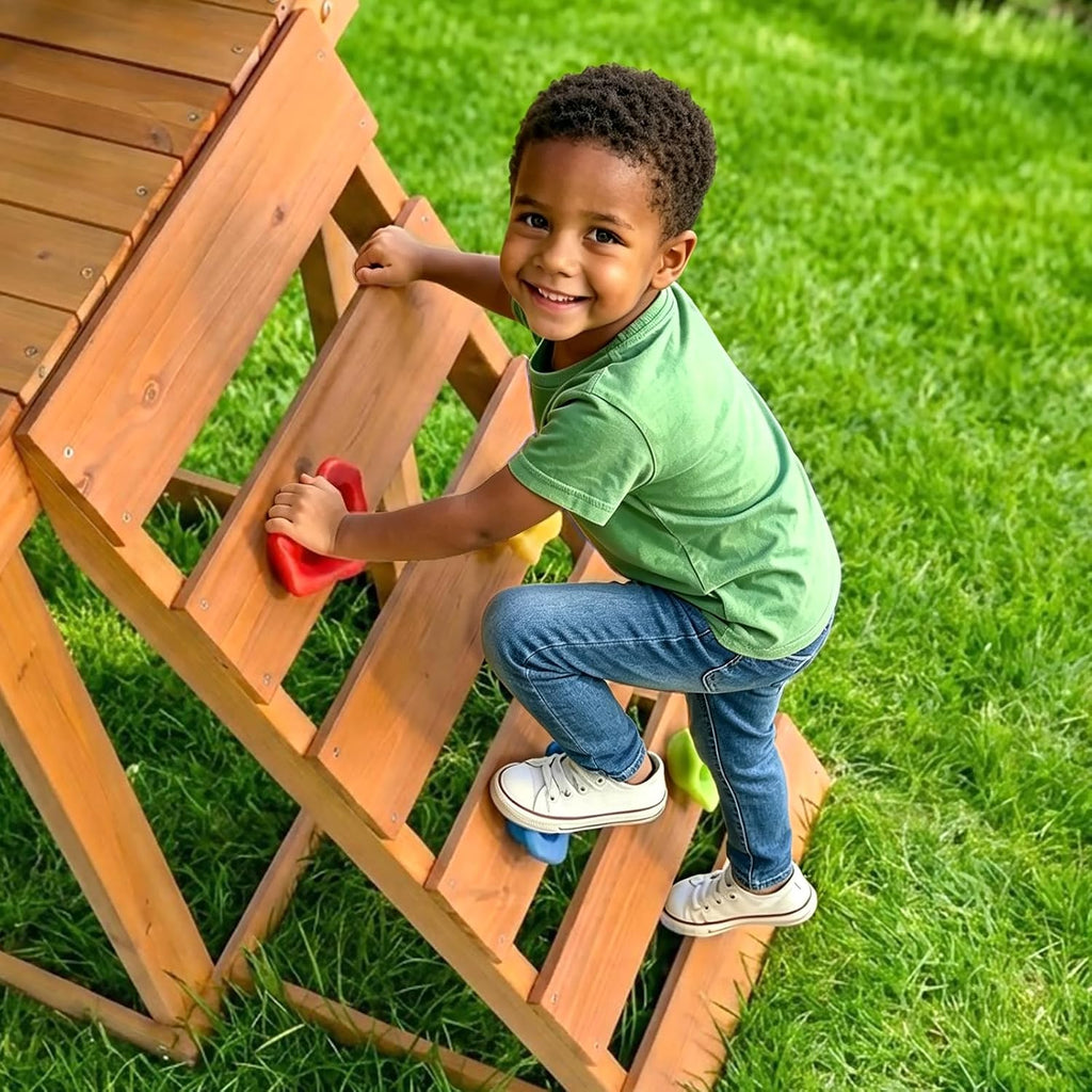 Wooden Swing Sets for Backyard | Outdoor Playground Set with Monkey Bars, Wave Slide, 2 Belt Swings, Climbing Ladder