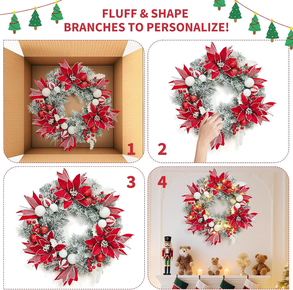 Pre-Lit Christmas Wreath for Front Door, 24 Inch Large Xmas Wreath for Holiday Decor, Battery Operated Xmas Lighted
