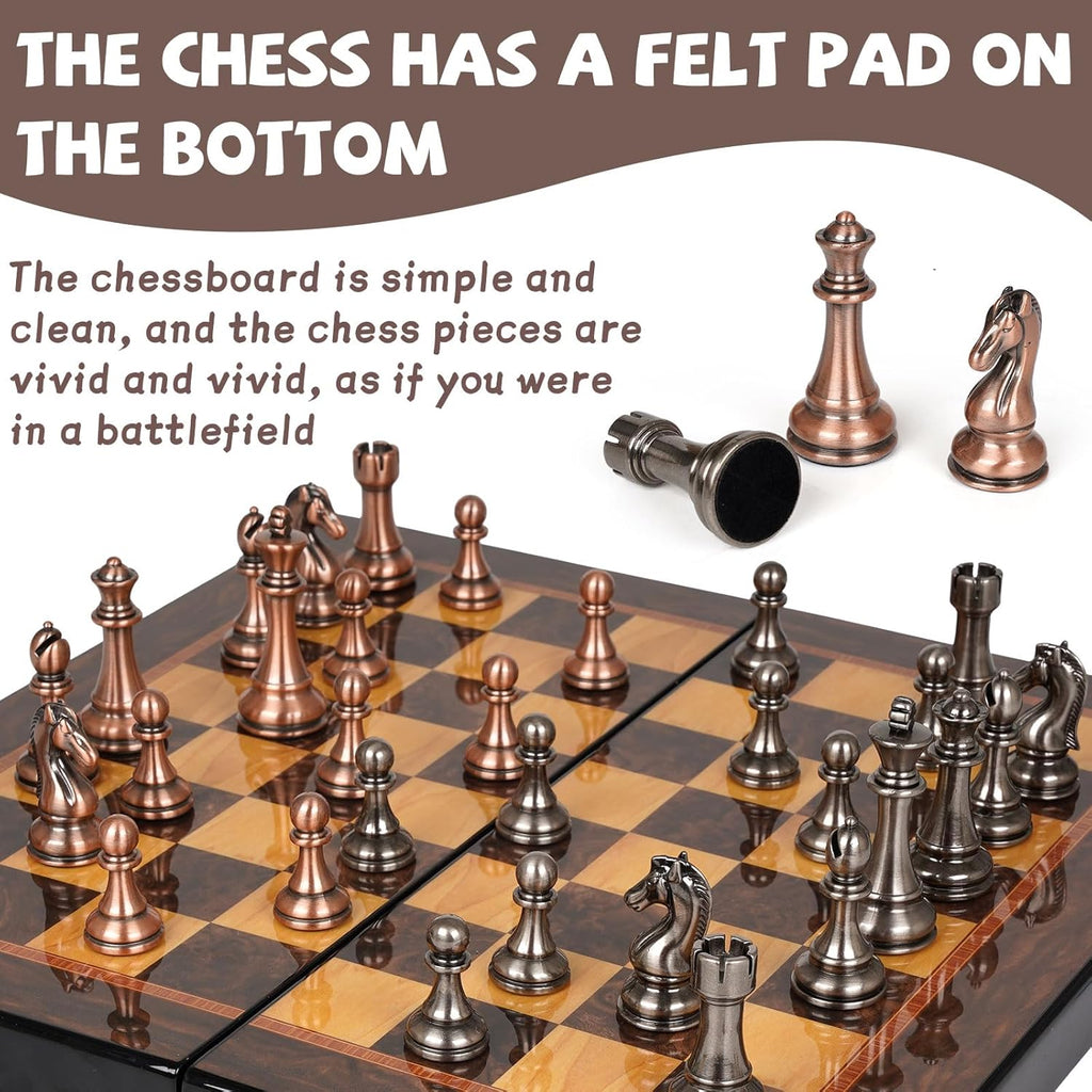 Luxury Metal Chess Set with 15 Inch Wooden Chess Board | Weighted Metal Chess Pieces | 2 Extra Queens | Professional