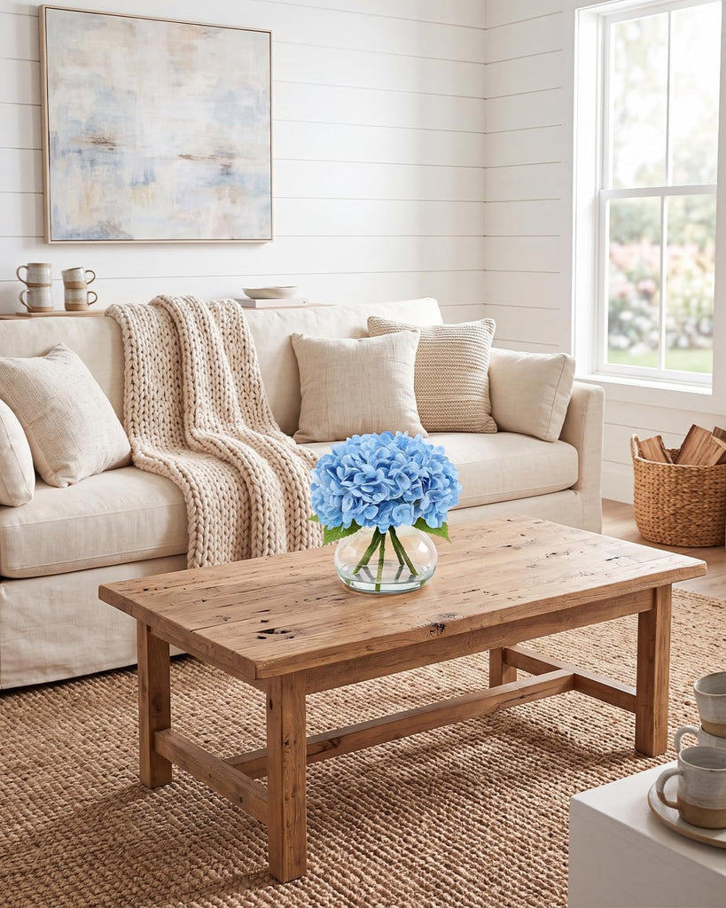 Hydrangea Artificial Flowers with Vase, Real Touch Latex, Blue - Set of 5