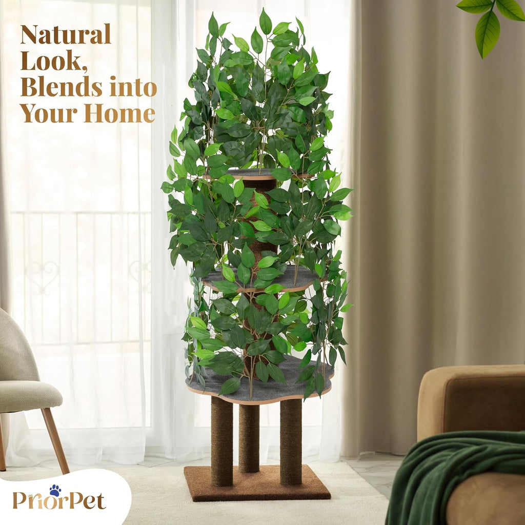 Cat Tree with Leaves - Stable & Space-Saving Design - 4 Scratch Levels & 5 Scratching Posts