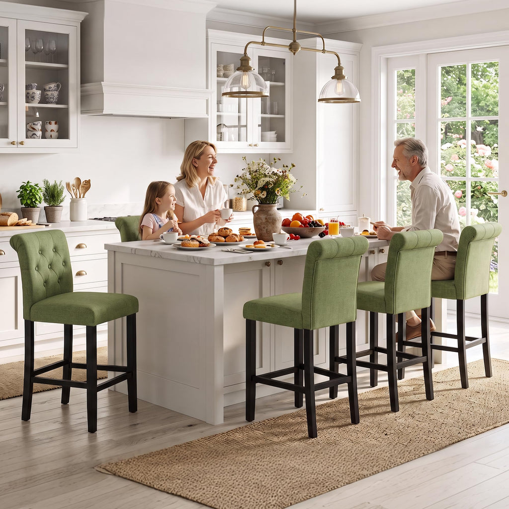 24" Barstools Set of 2, Green Bar Chairs with Button Tufted Back