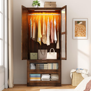 2Doors Armoire Wardrobe Closet with Sensor LED Light and Mirror