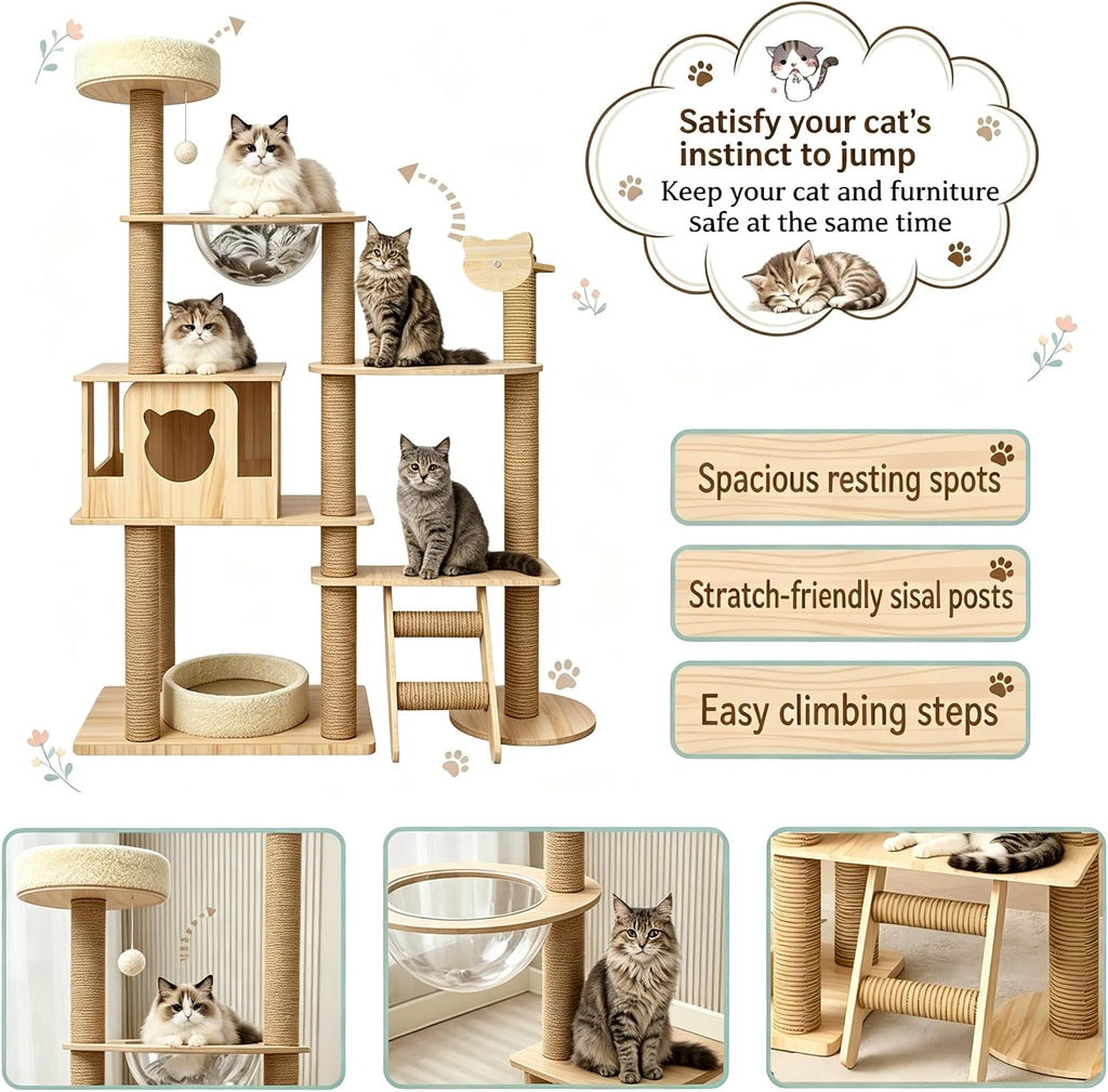 63.7-Inch Cat Tree for Indoor Cats Large Adult, 2 Space Capsule, 12 Sisal Scratching Posts, Top Perch, Toy Balls, Plush
