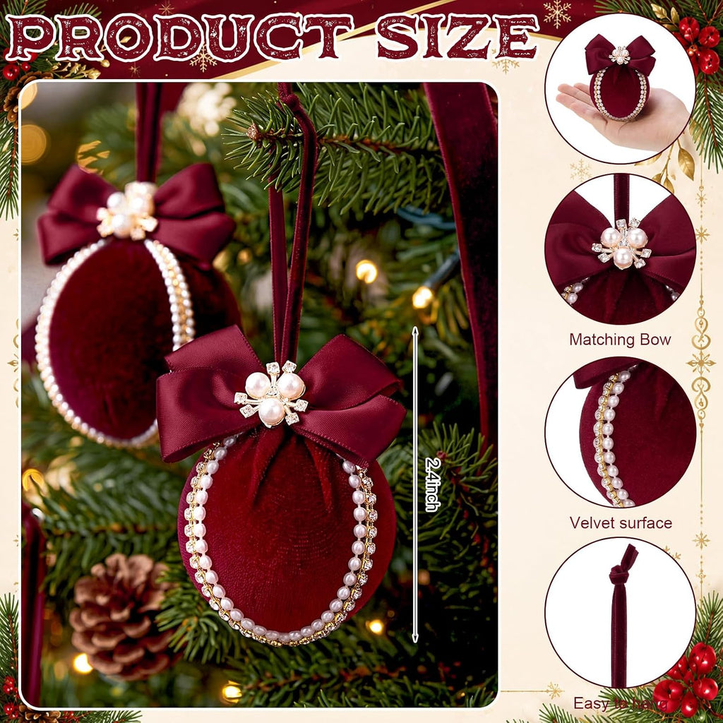 Velvet Christmas Balls Ornaments 2.4" with Pearl Bow, Burgundy Red - Set of 9