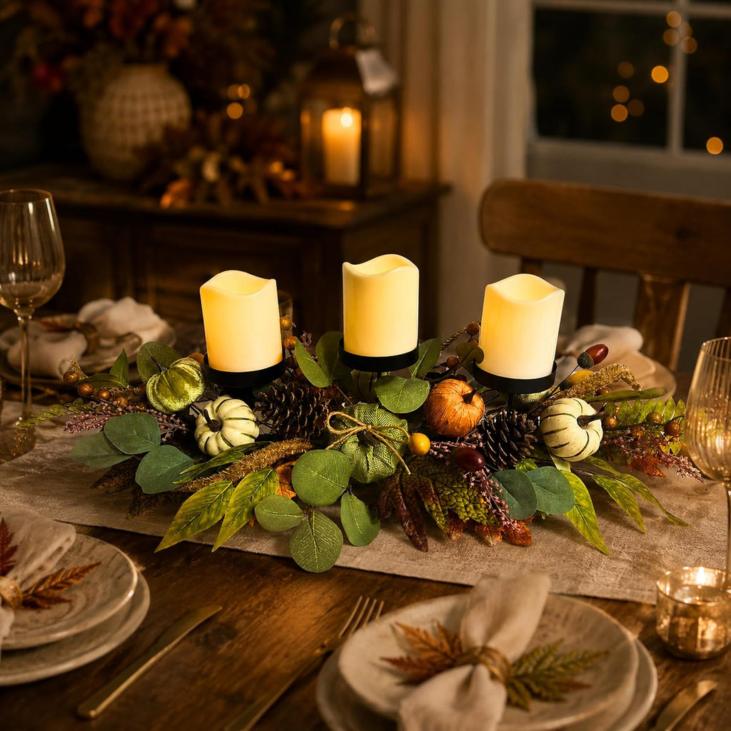 Inch Fall Candle Holder Centerpiece with Pumpkins Pinecones - Set of 3