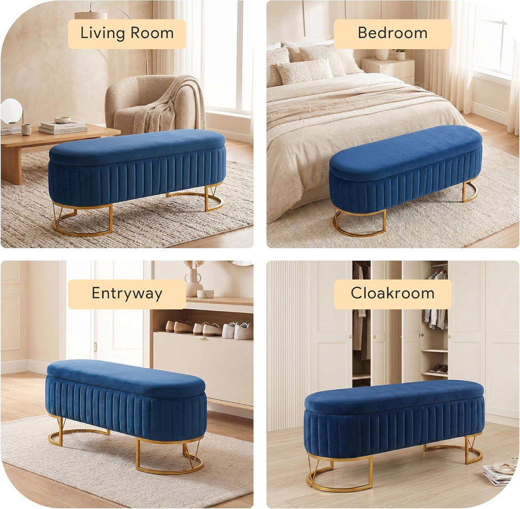 Storage Bench Bedroom Bench, Velvet Oval Upholstered End of Bed Bench with Golden Metal Legs, 46" Modern Storage
