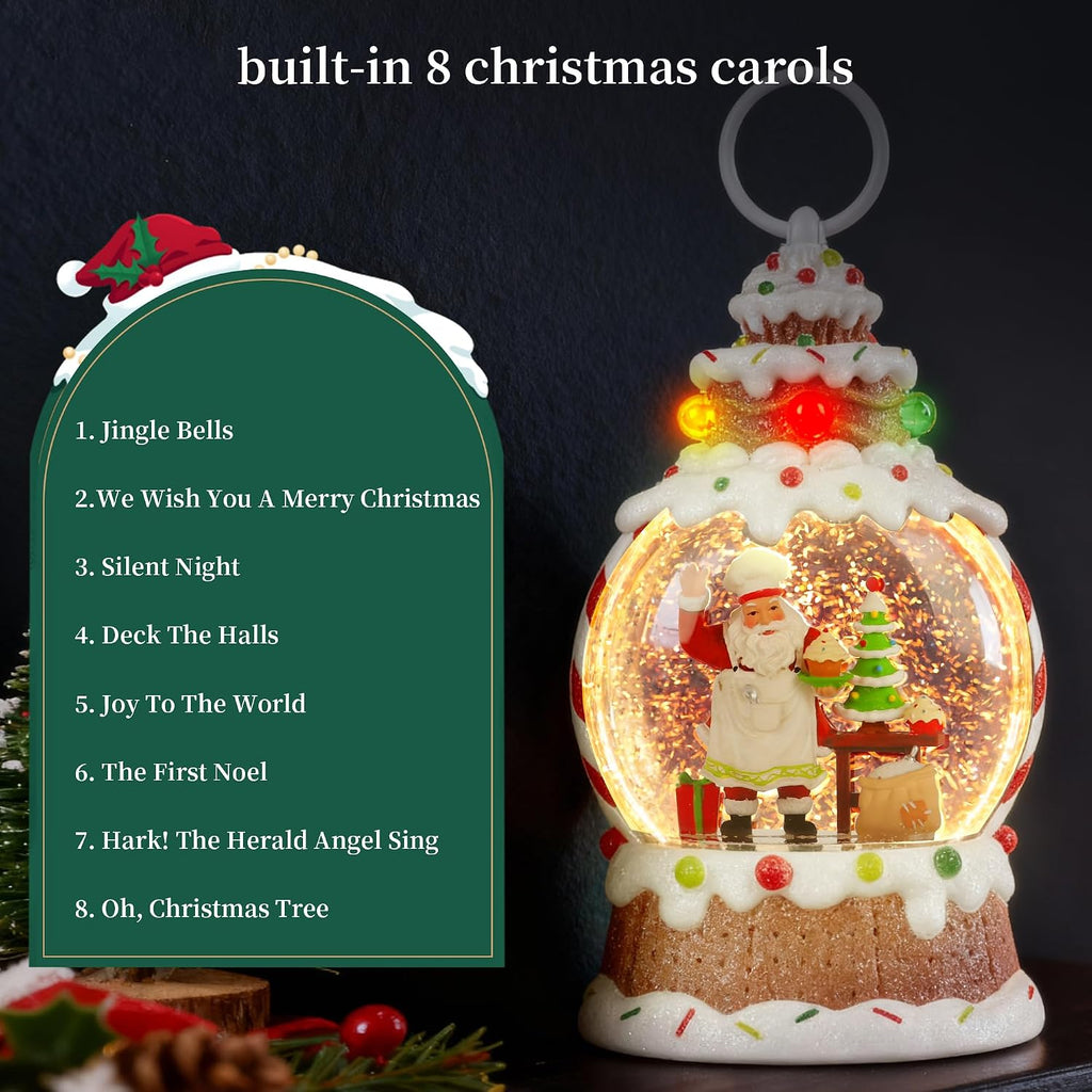 9" Lighted Musical Snow Globe Lantern, Gingerbread Santa Baker with Swirling Glitter, Cupcake Christmas Tree, USB