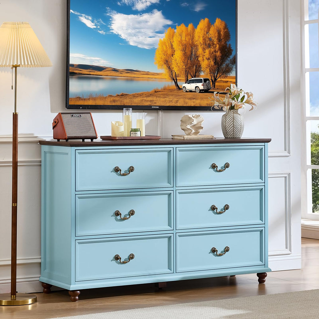 Farmhouse 6 Drawers Dresser, Vintage 54" Wide Chest of Drawers w/ 4 Wooden Legs, Rustic Large Closet Storage