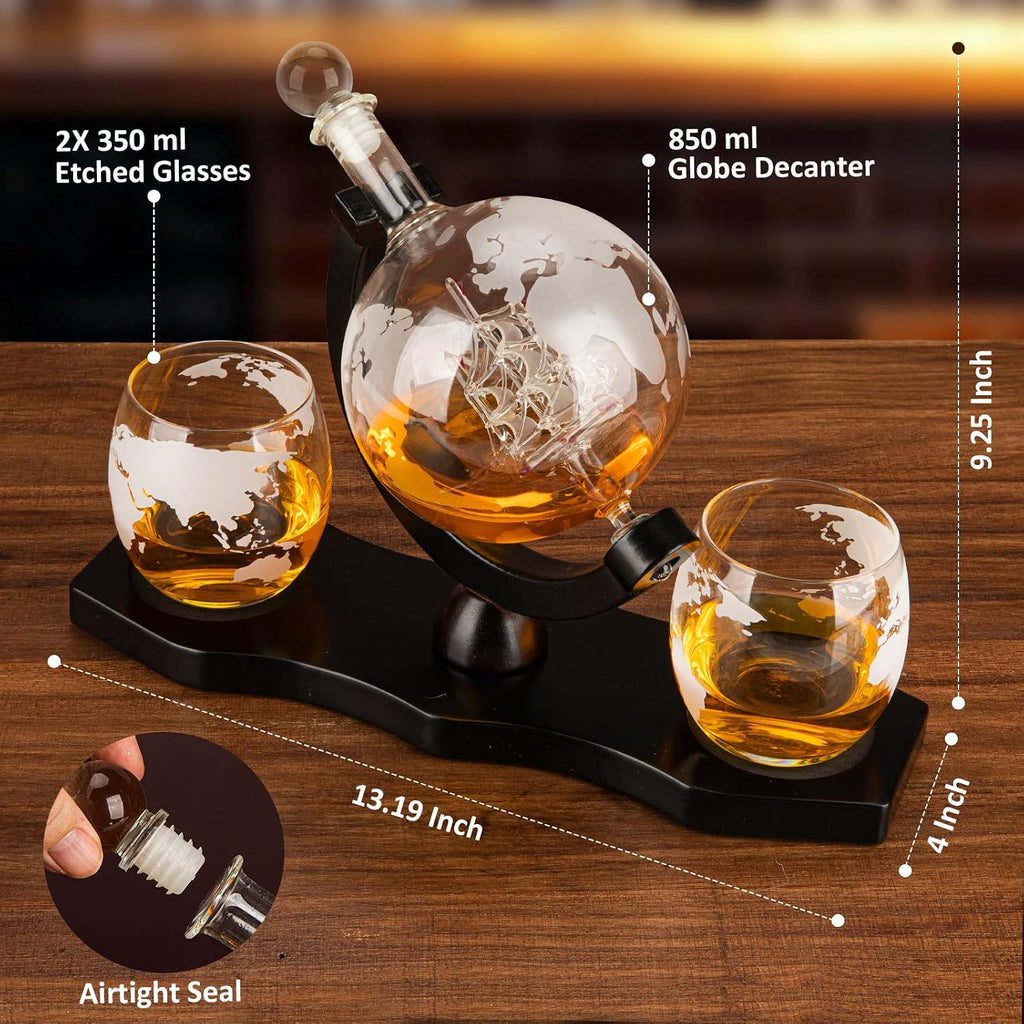 Gifts for Men Dad Husband, Whiskey Decanter Globe Set with 2 Glasses & Walnut Tray-Great Gift Idea for Whiskey