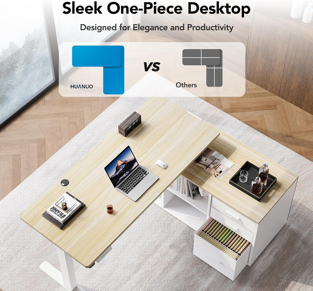 55′′ L Shaped Standing Desk with Drawers, Adjustable, Light Walnut | Electric Executive Desk with File Cabinet Sets