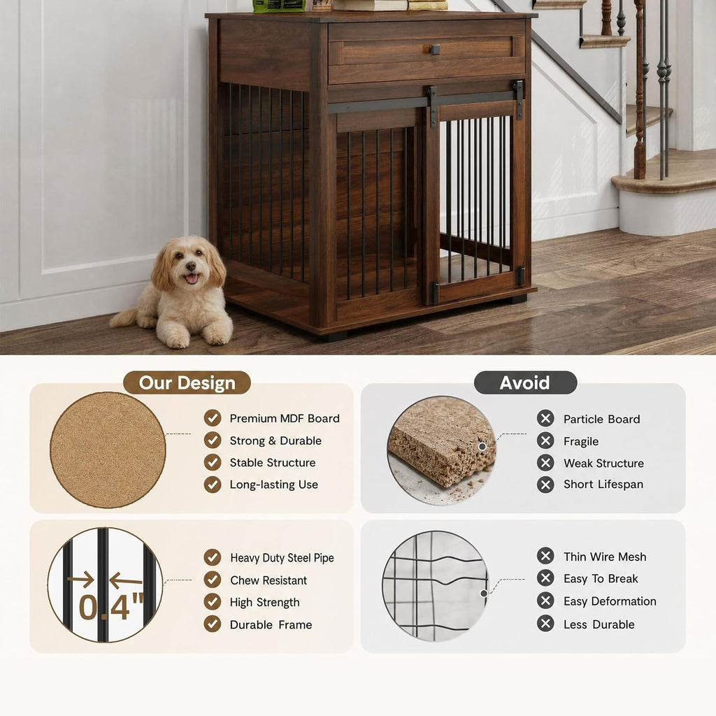 Wooden Dog Crate Furniture with Sliding Barn Door & Drawer, Walnut