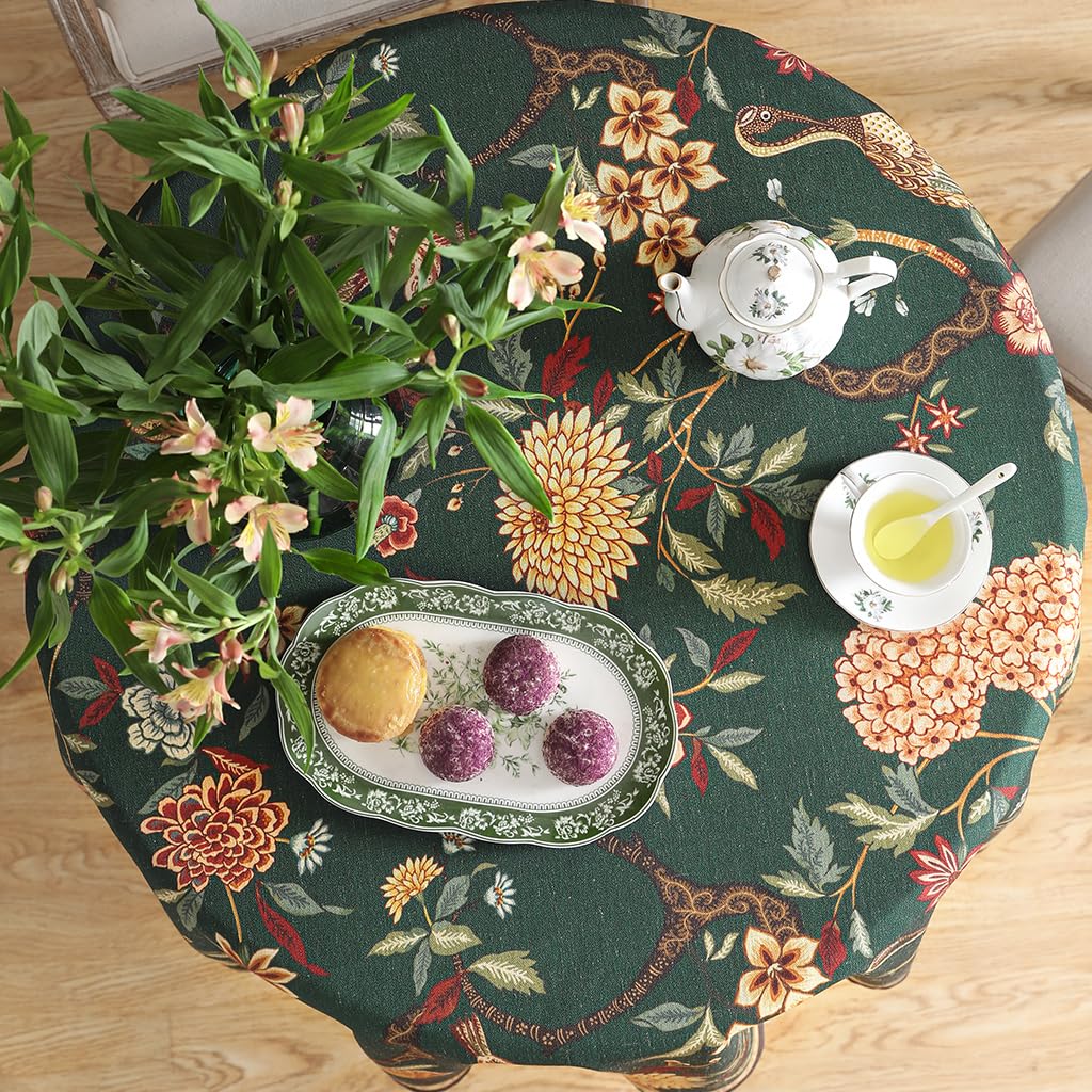 Designer Vintage Green Round Tablecloth, Diameter 67"