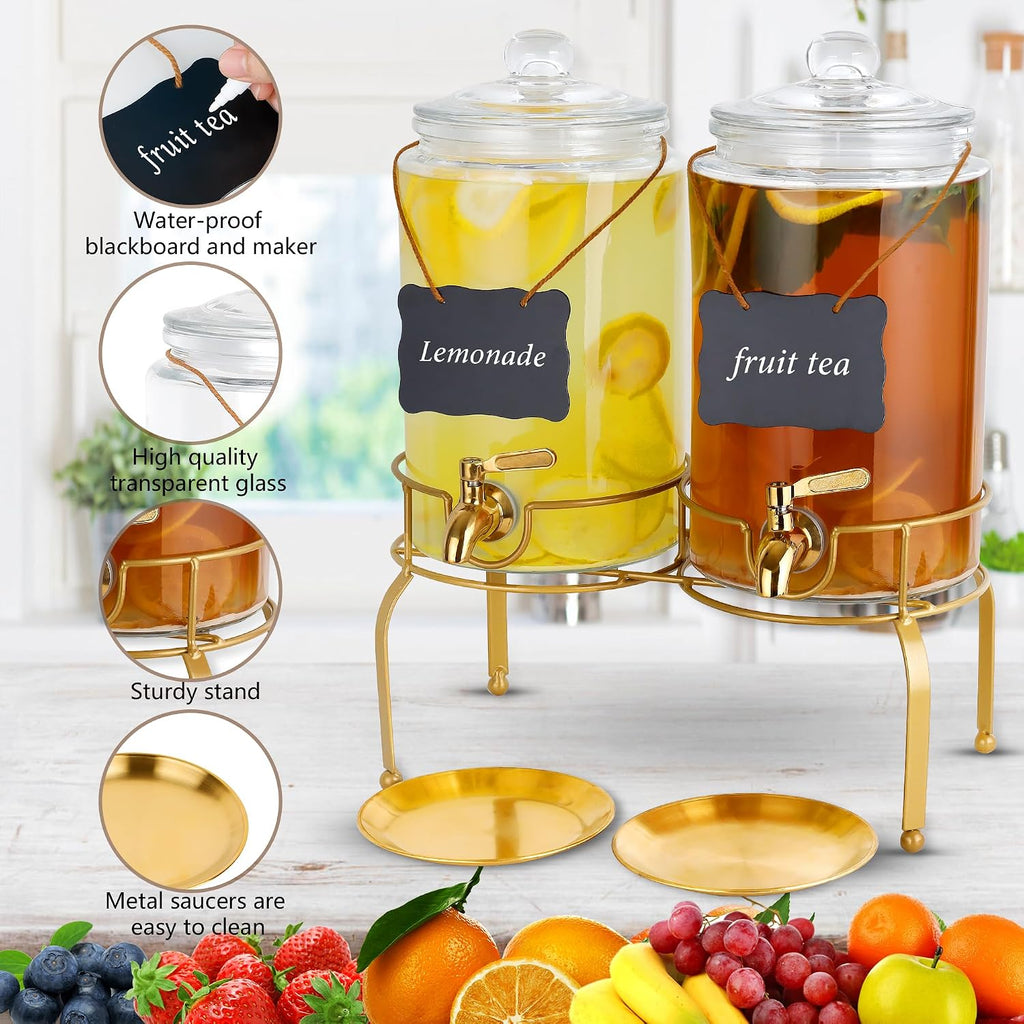 Drink Dispensers for Parties, 2 Pack 1 Gallon Beverage Dispenser with Stand, Drink Dispenser With Glass Lid, juice - Set of 2