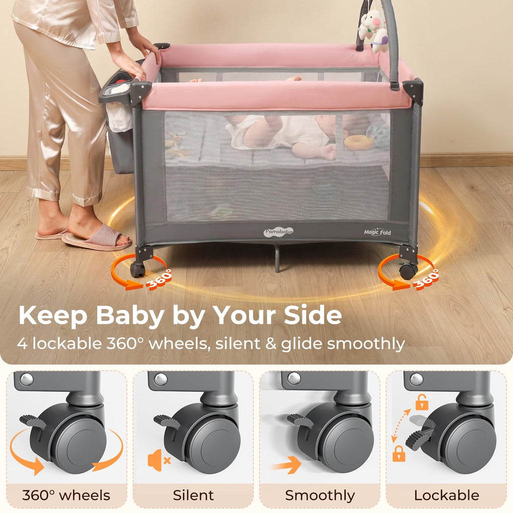Play Yard - Travel Crib with Mattress, Easy Setup Small Portable Playpen for Babies, Lightweight Foldable Baby
