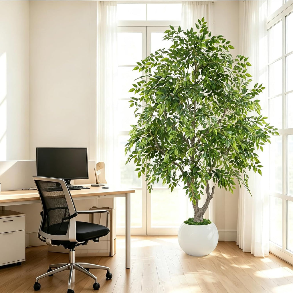 8ft Artificial Ficus Tree with Round White Planter for Indoor Decor