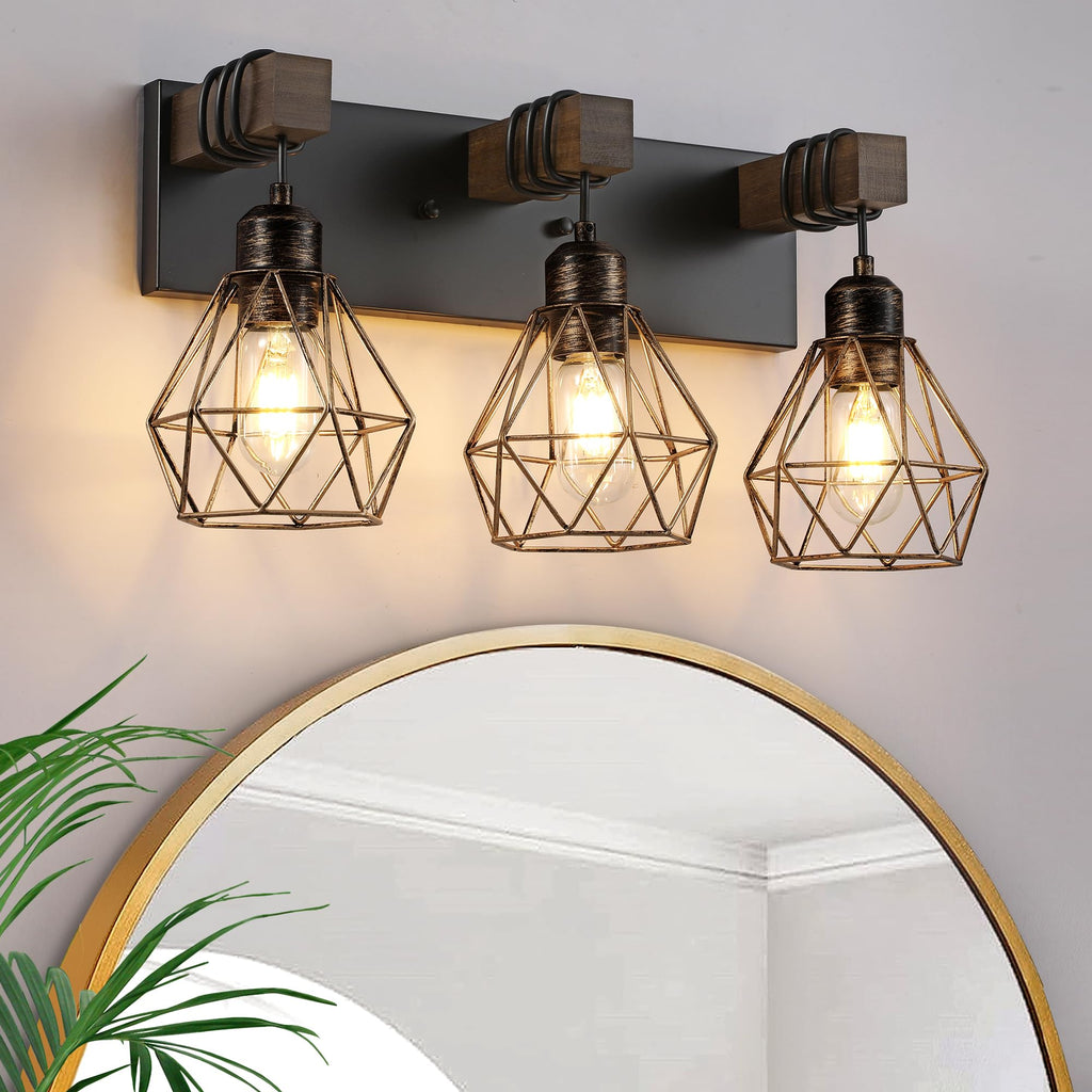 Black Gold Bathroom Light Fixtures, 3-Light Farmhouse Vanity Light