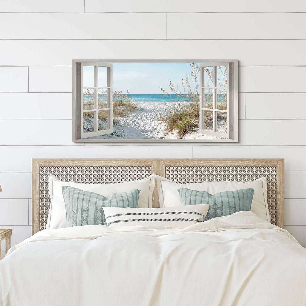 Window Beach Wall Art Prints: Modern Large Tropical Coastal Landscape Canvas Bedroom Blue Ocean Picture Relaxing