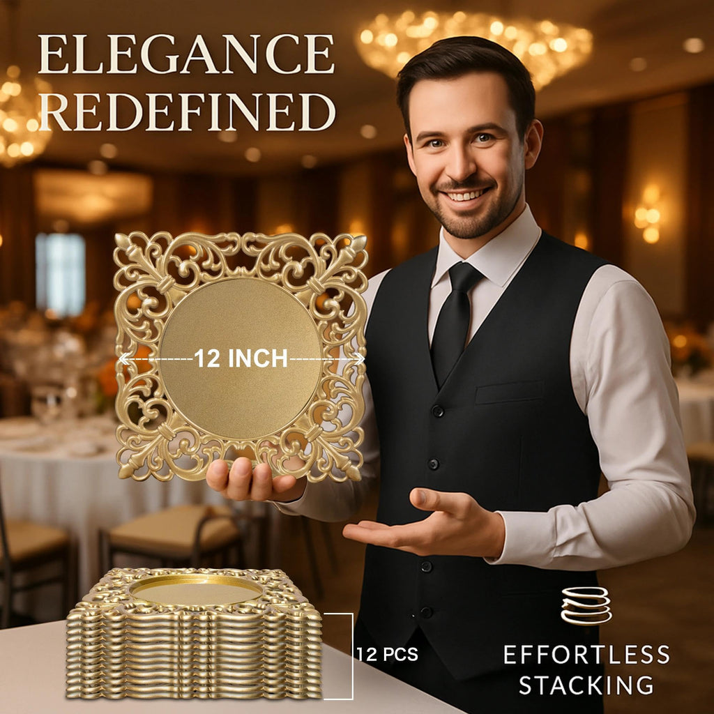 12 Pack, 12" Square Chargers for Dinner Plates, Gold Plate Chargers with Embossed Rims, Plastic Charger for Wedding