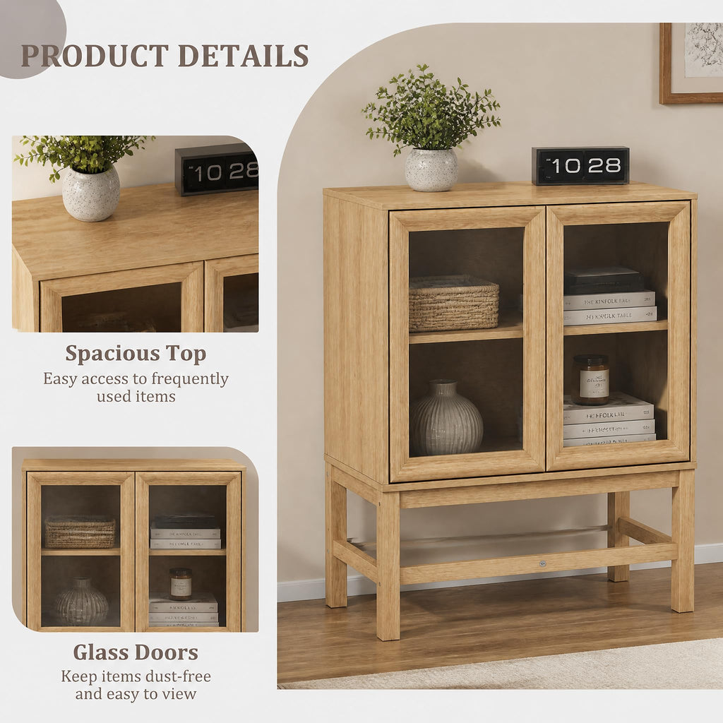 Sideboard Buffet Cabinet with Storage, Small Kitchen Coffee Wine Bar Cabinet with Glass Press-to-Open Doors, Wood Mid