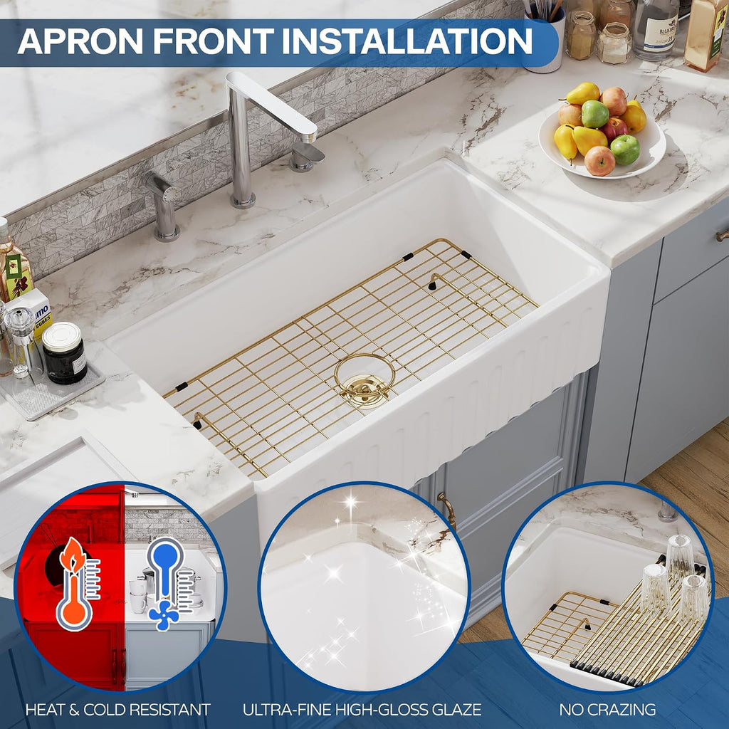 30 White Farmhouse Sink Reversible Workstation, Farm Apron Front Kitchen Sink 30x20 inch White Porcelain Ceramic