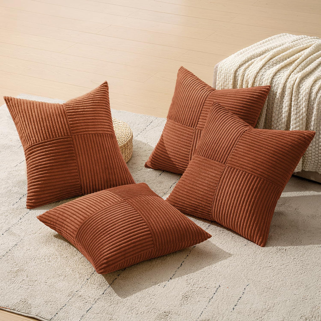 Fall Boho Farmhouse Rust Decorative Throw Pillow Covers 20x20 Inch 4 Packs Soft Vintage Pillow Cases Modern Corduroy