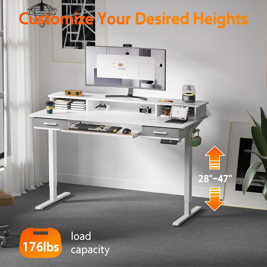 55 Inches Electric Standing Desk with Keyboard Tray, Height Adjustable Sit to Stand Table with 2 Drawers, Ergonomic
