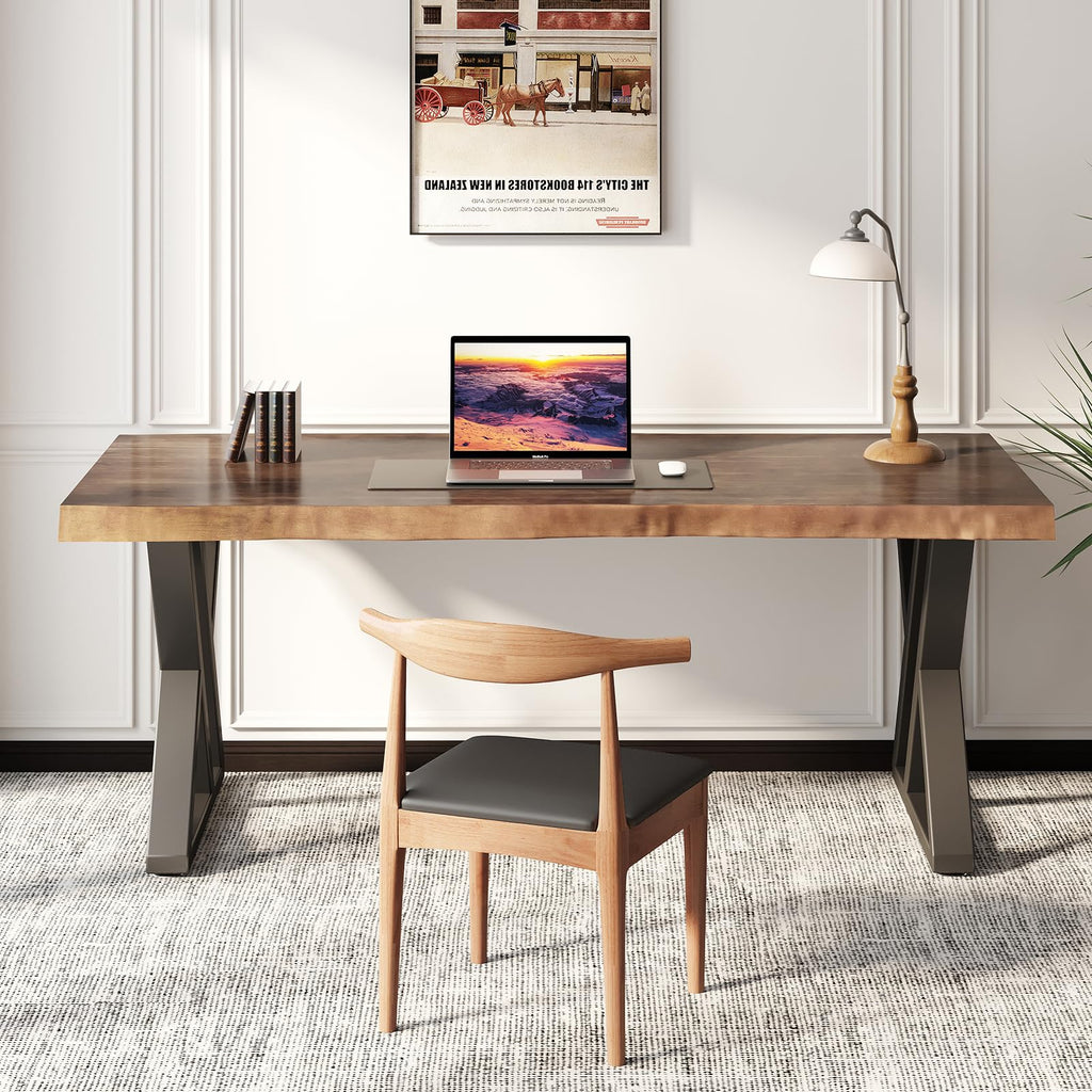 Solid Wood Desk 55 inches, Home Office Computer Desk Wooden Rustic Writing Desk Metal Modern Simple Design Executive