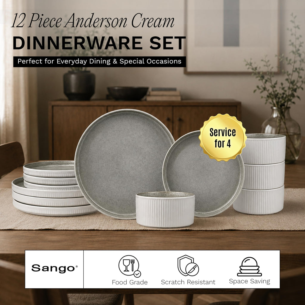 12 Pieces Stoneware Fluted Dinnerware Set, Modern Cream Dishes for 4, Premium Serving Plates and Bowls Sets, Chip &