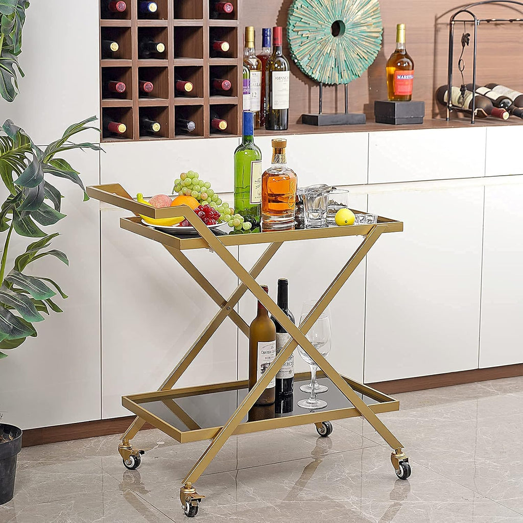 Gold Finish Bar Cart on Wheels, No-Tool Assembly 2-Tier Serving Cart with Black Tempered Glass Shelves & Locking