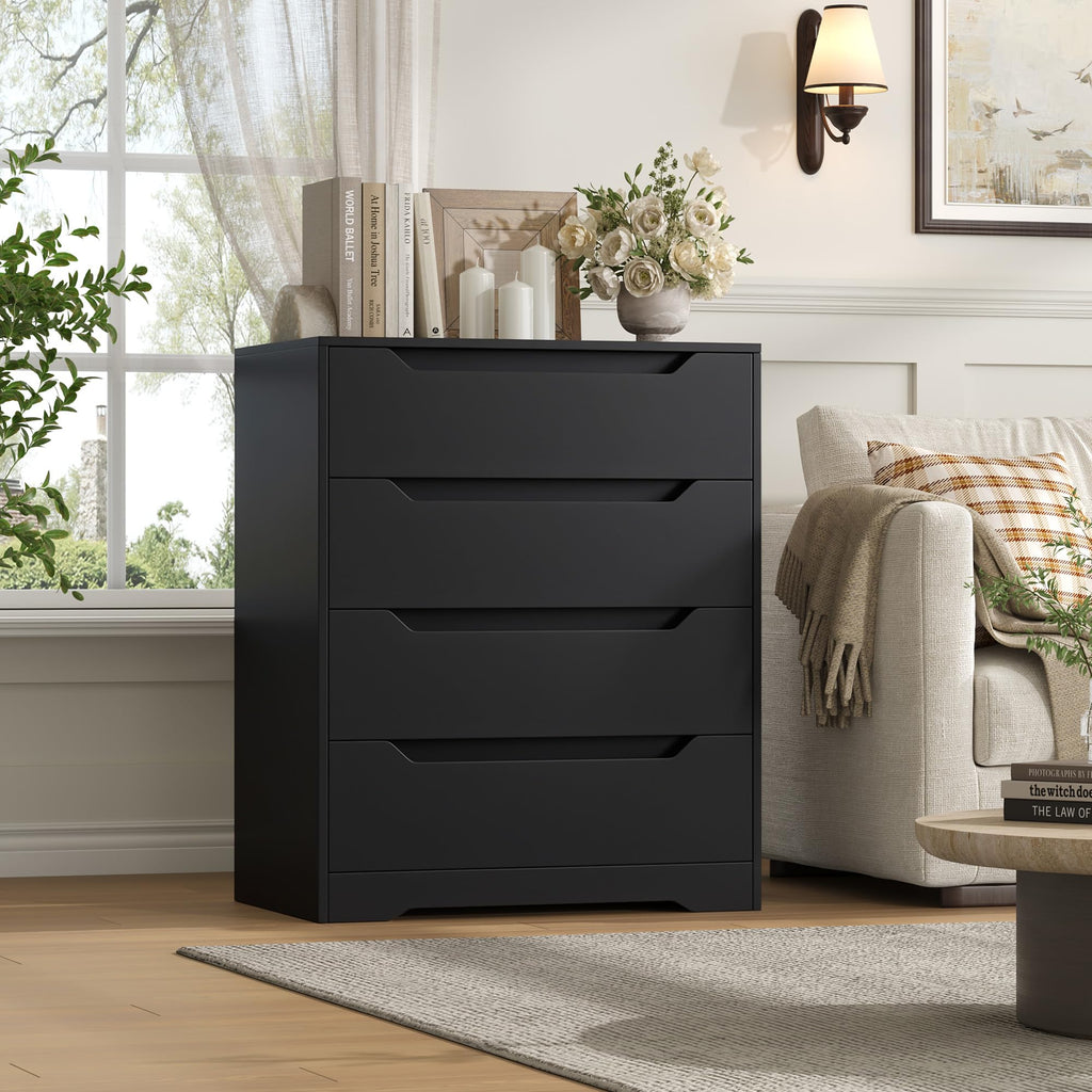 Modern 4 Drawers Dresser, Wood Chest of Drawers with Storage, Black