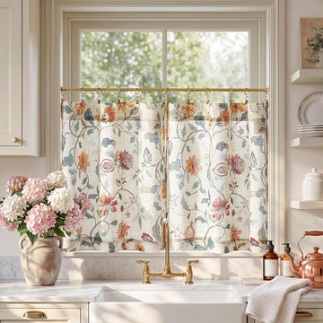 Floral Linen Kitchen Curtains 24 Inch Length Vintage Cottage Core Farmhouse Cafe Curtains Light Filtering Small