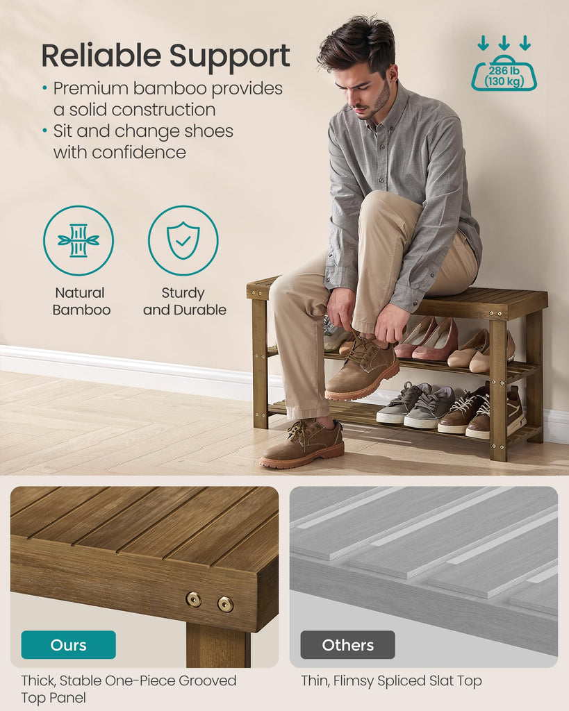 Shoe Rack Bench, 3-Tier Bamboo Entryway Bench, 35.2 Inches Width
