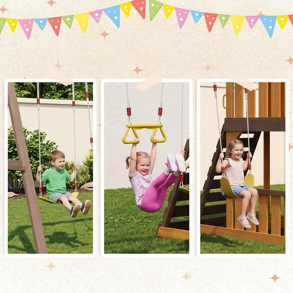 Wooden Swing Sets for Backyard - Outdoor Playset | 7 FT Wave Slide, 3 Swings, Play Kitchen, Toy Telescope, Steering