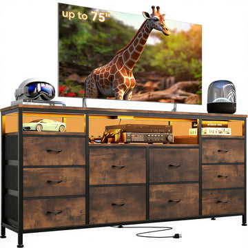 With LED Lights & Power Outlets, 63 Inch TV Stand Dressers with 10 Fabric Drawers, Entertainment Center with Open