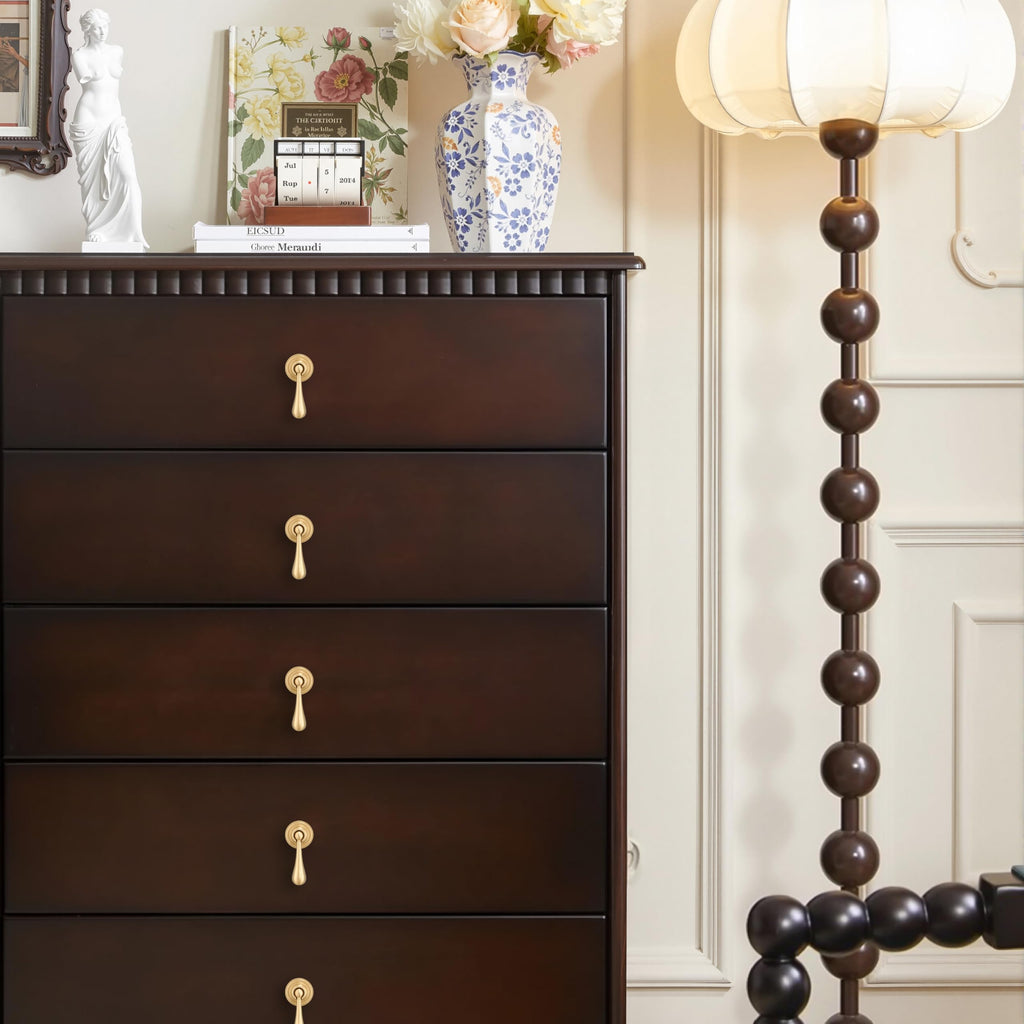 Solid Brass Cabinet Knobs 6 Pack, Modern Brass Brushed Pendant Drop Knob,Gold Cabinets Drop Pulls Drawer and Dresser