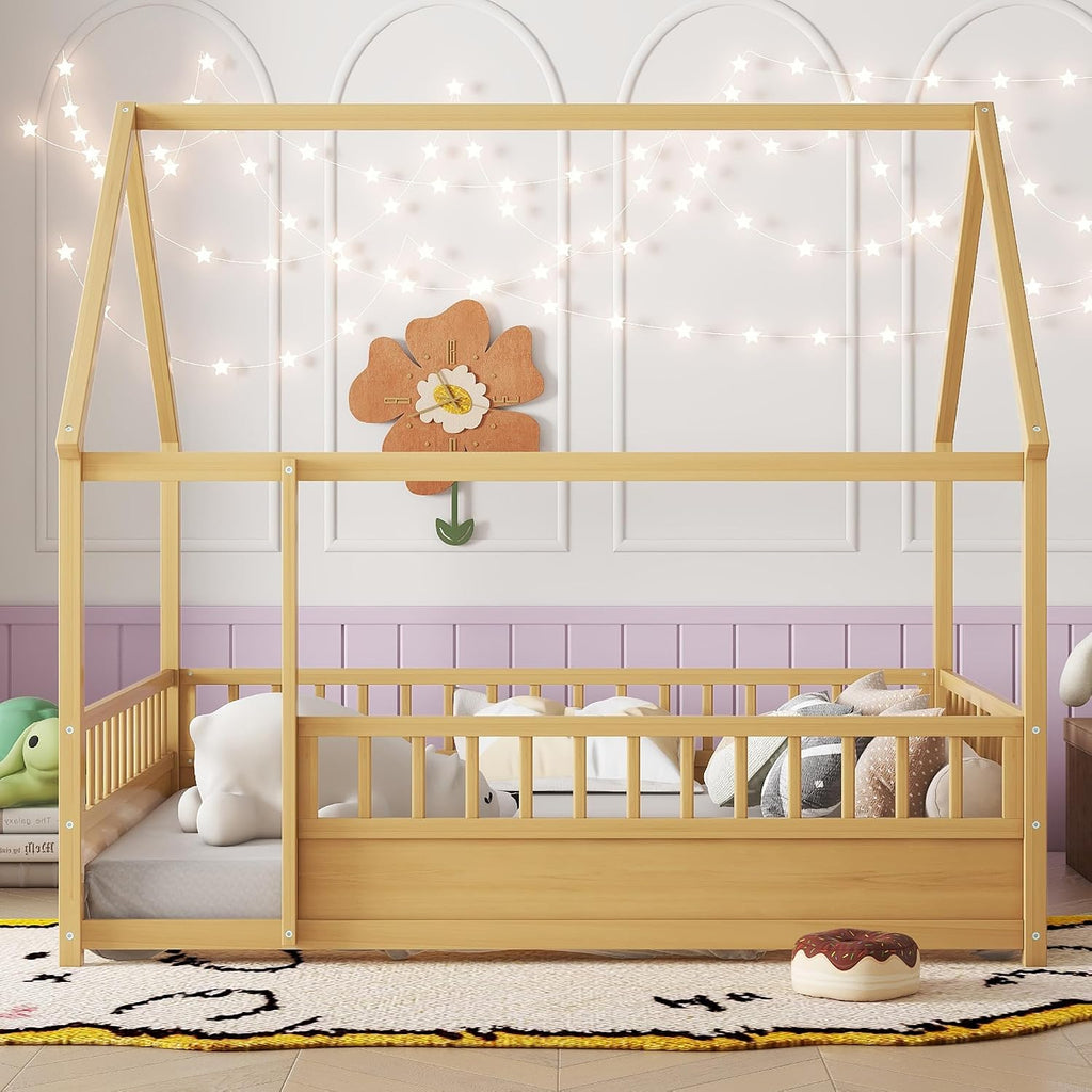 House Floor Bed Frame Full Size, Wood Montessori Floor Bed with High Fence and Roof, Easy Assemble Montessori Beds