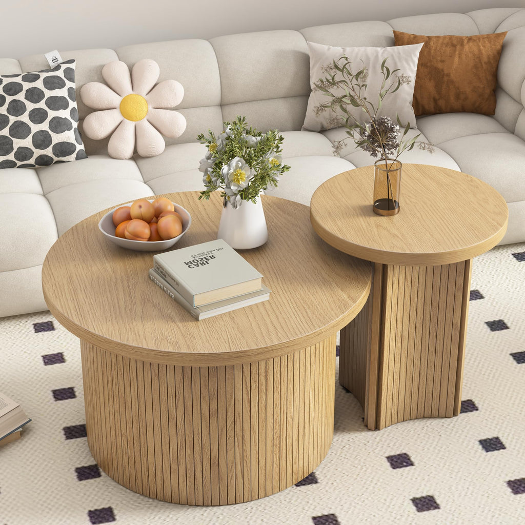 Farmhouse Set of 2 Nesting Coffee Tables, Round Coffee Set Saves Space