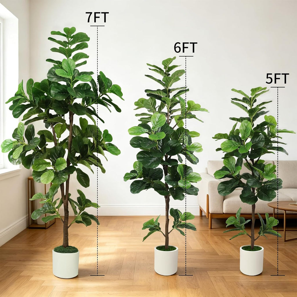 7FT Artificial Fiddle Leaf Fig Tree with White Planter & Fake Moss, Realistic Faux Ficus Lyrata Floor Plant Home