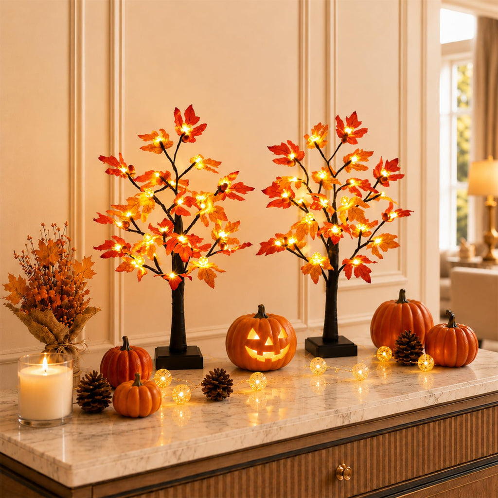 Fall Decor 2 Pack 24 Inch Maple Tree Lights - 48 LED Autumn Decorations with Pumpkins & Acorns, Timer, USB & Battery
