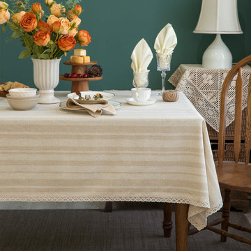 Linen Textured Rectangle/Oblong Tablecloth with Lace Trim Yarn-dyed Golden Purl StripeTable Cover for Buffet Banquet