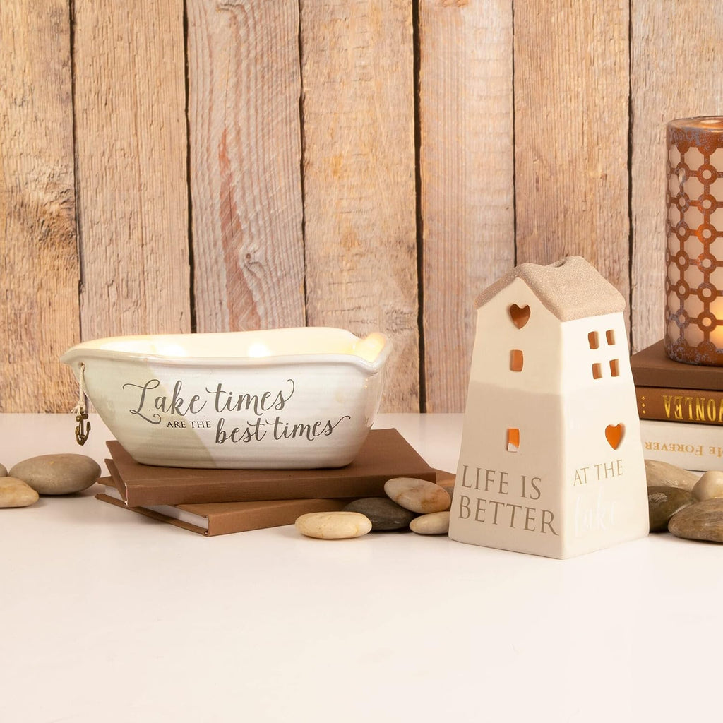 Lake Best Times-Ceramic Boat Shaped 3 Triple Wick Soy Wax Candle Scent: Tranquility, 10 oz 2.75 Inch Tall, Beige