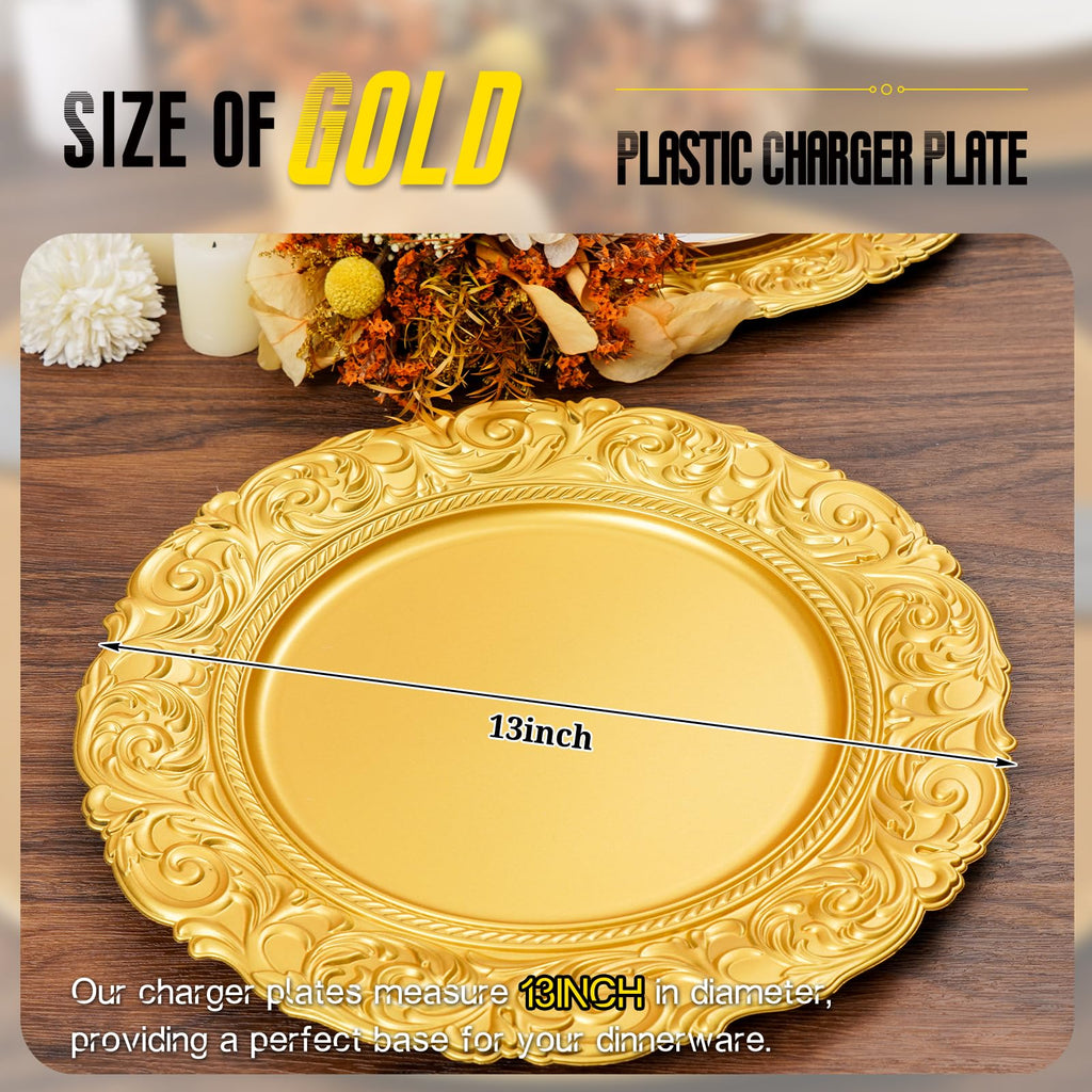 Bulk 100Pcs - 13" Gold Chargers for Dinner Plates, Floral Embossed Decorative Charger Plate for Wedding & Event
