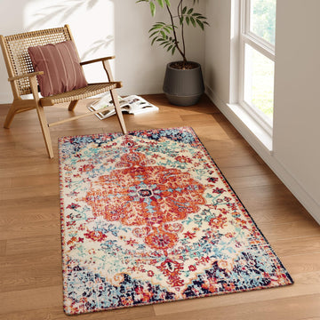 Bohemian Floral Medallion Area Rug - 3x5 Bedroom Rug Soft Throw Printed Bathroom Kitchen Entry Foyer Mat, Vintage